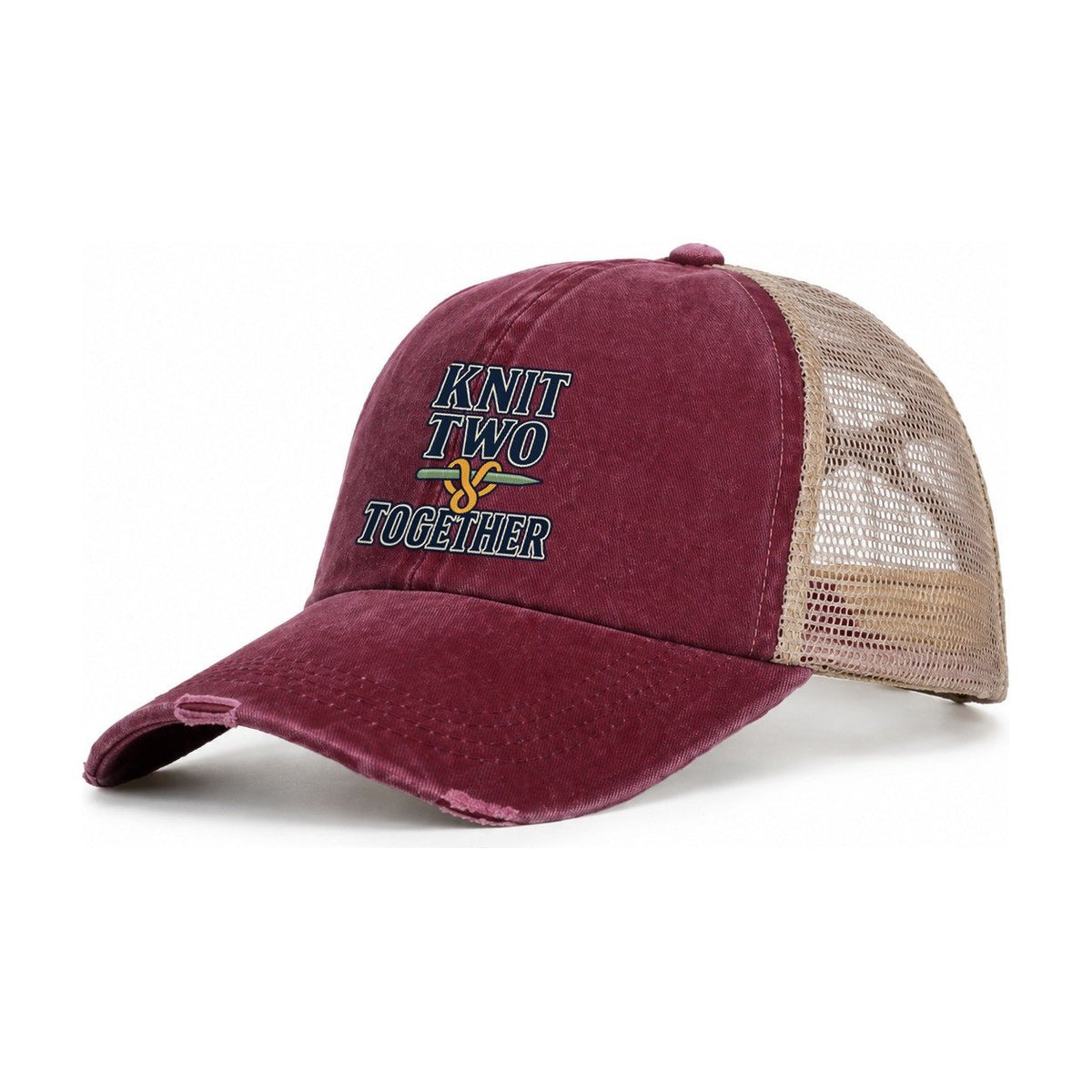Knit Two Together Yarn Crafts Women's Ponytail Trucker Hat – Burgundy Khaki