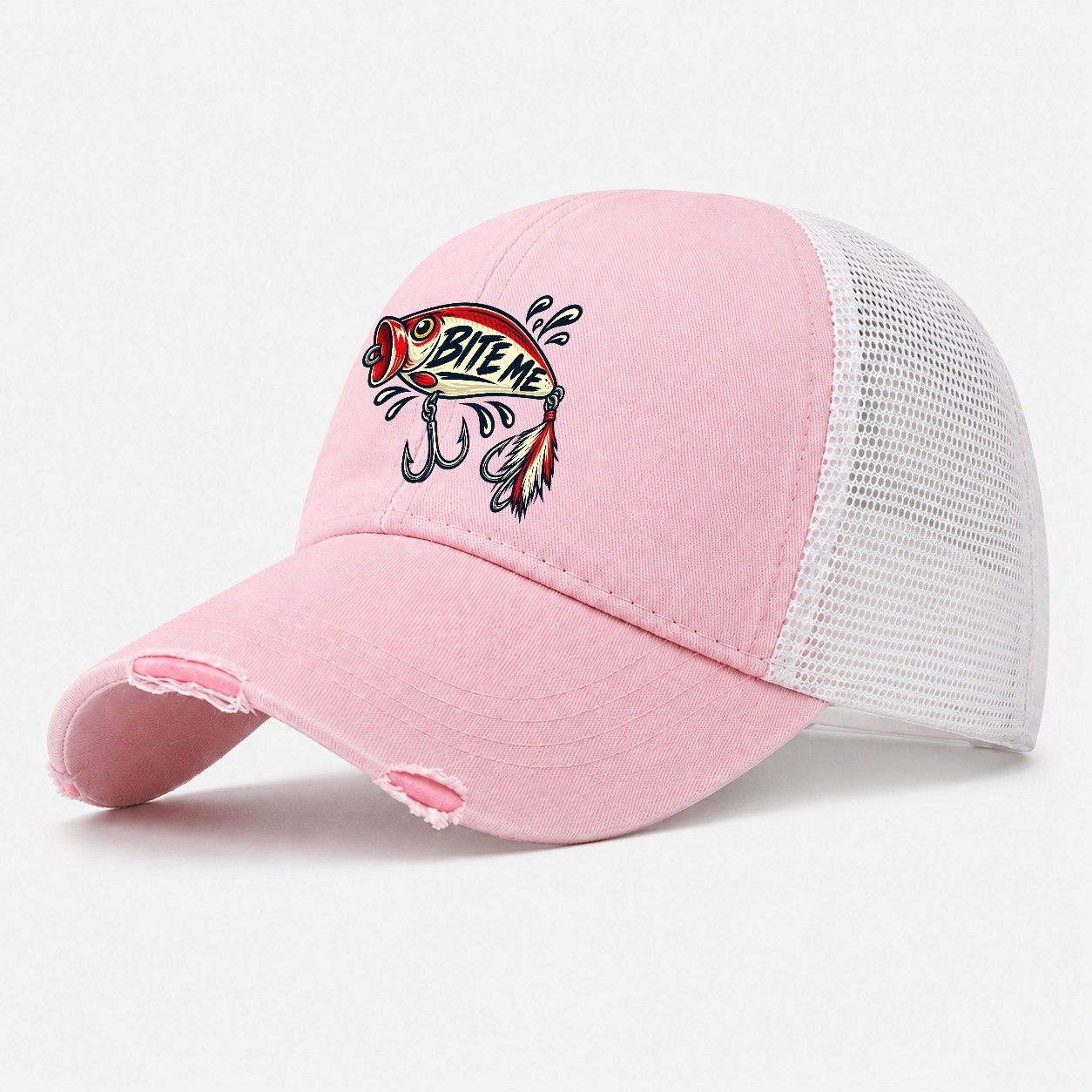 Bite Me Lure Fishing Elegant Washed Trucker Hat – Light Pink