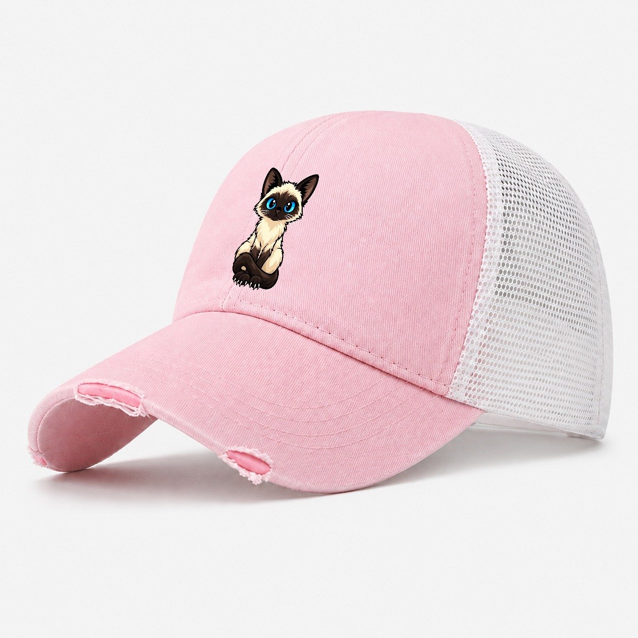 Siamese Sitting Tall Peeking Cats Washed Trucker Hat – Light Pink