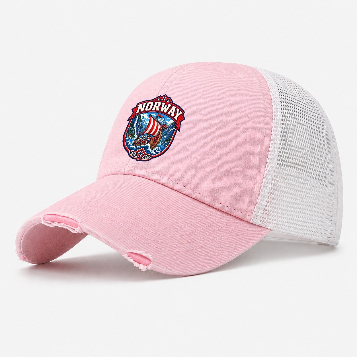 Norway Retro Badge Country Logos Washed Trucker Hat – Light Pink