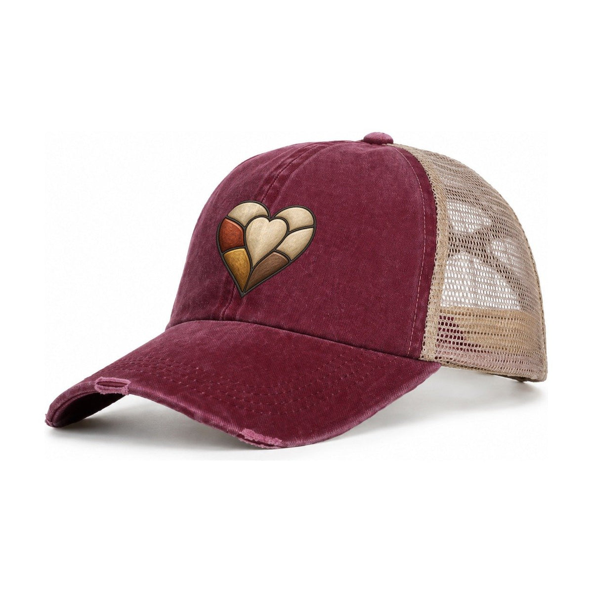 The Patchwork Heart Sewing And Quilting Women's Ponytail Trucker Hat – Burgundy Khaki