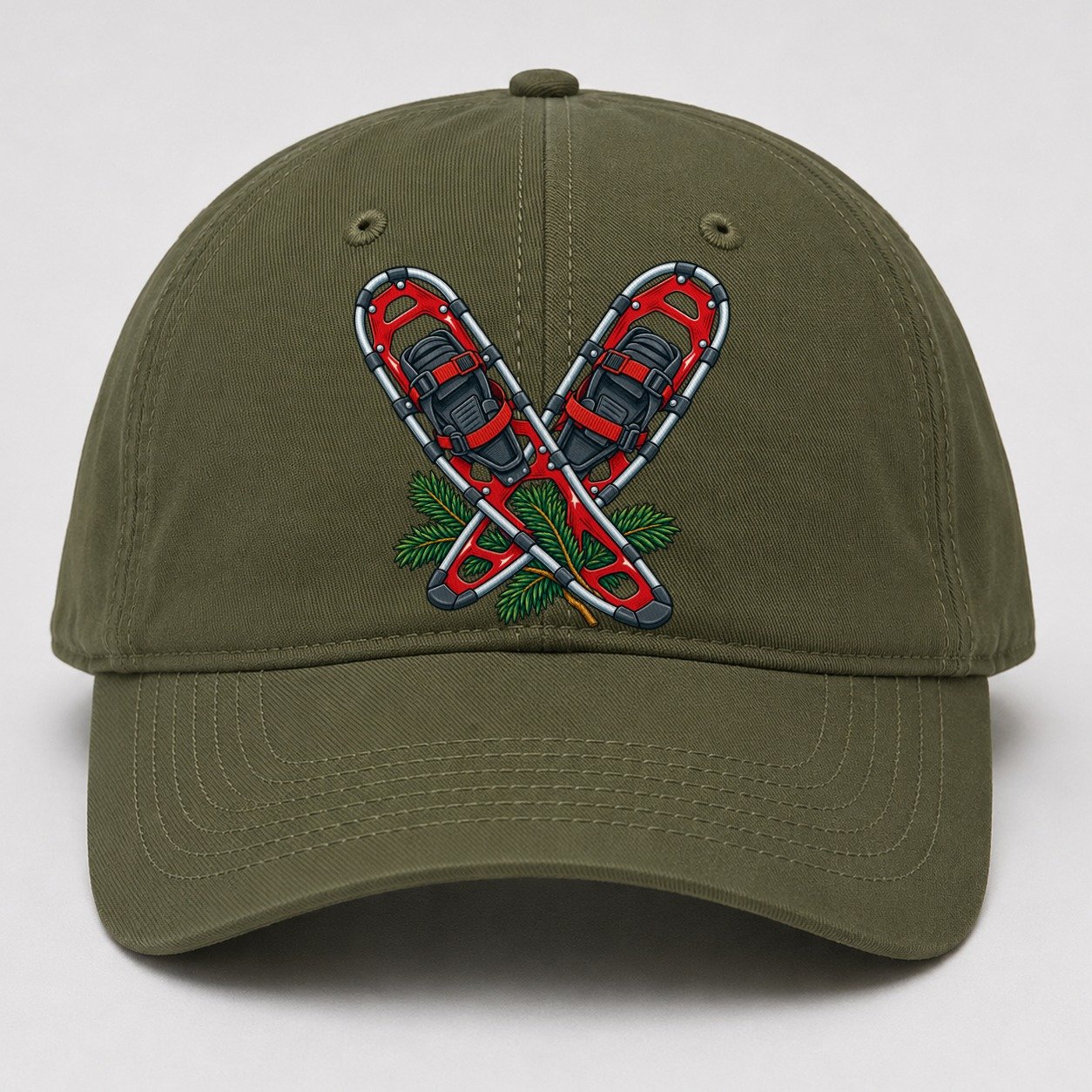 Modern Aluminum Snowshoes And Balsam Bough Canada Cultural Icons Baseball Cap – Army Green