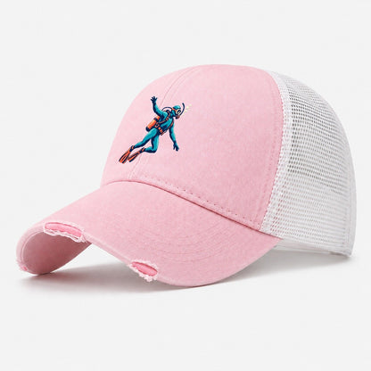 Scuba Diver with Bubbles Washed Trucker Hat – Light Pink