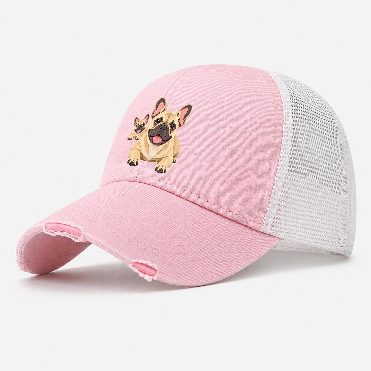 Cut-Paper Collage French Bulldog Lying Down Washed Trucker Hat – Light Pink