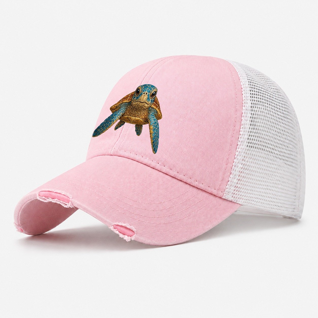Sea Turtle Serenity Washed Trucker Hat – Light Pink