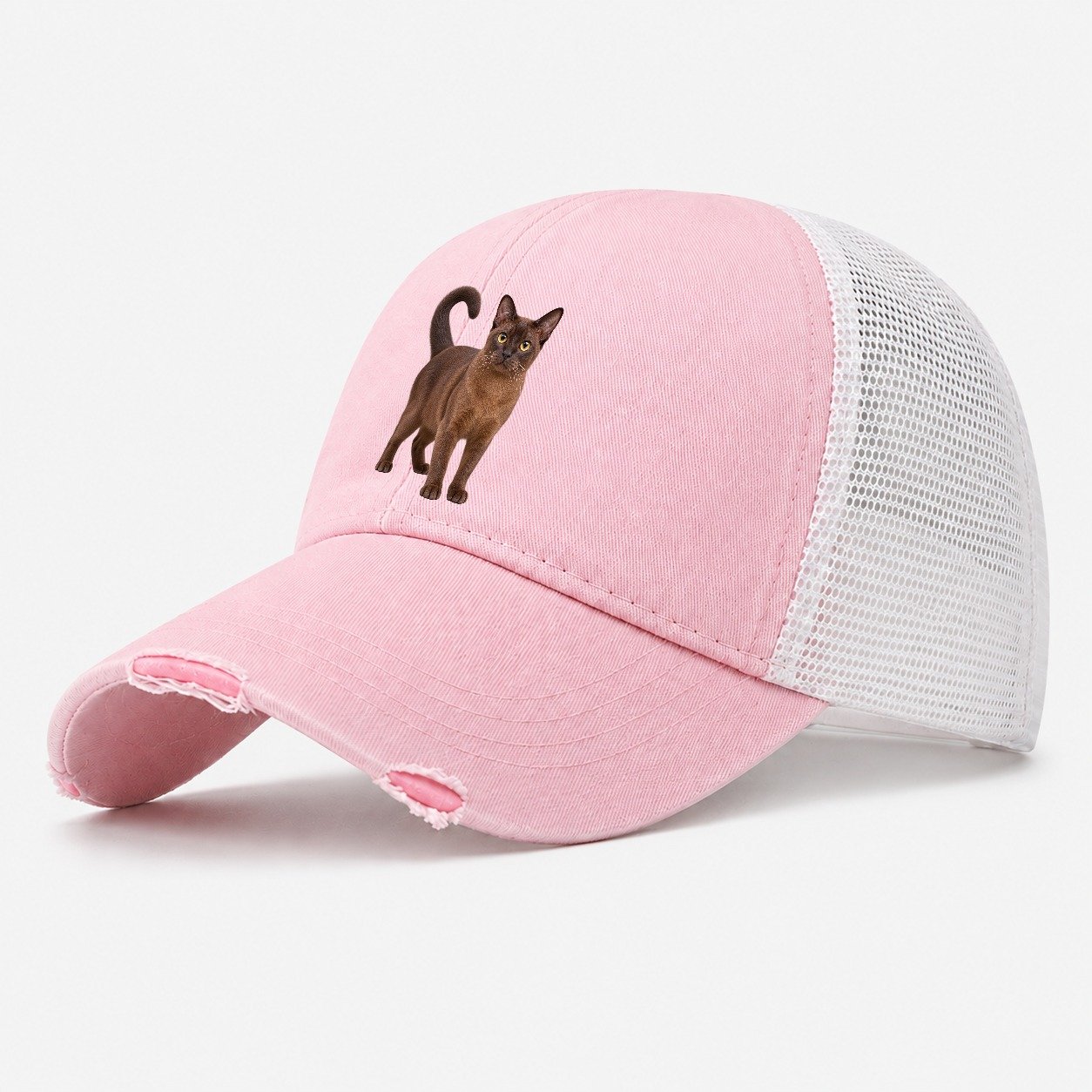 Burmese Standing Three Quarter Realistic Cat Portrait Washed Trucker Hat – Light Pink