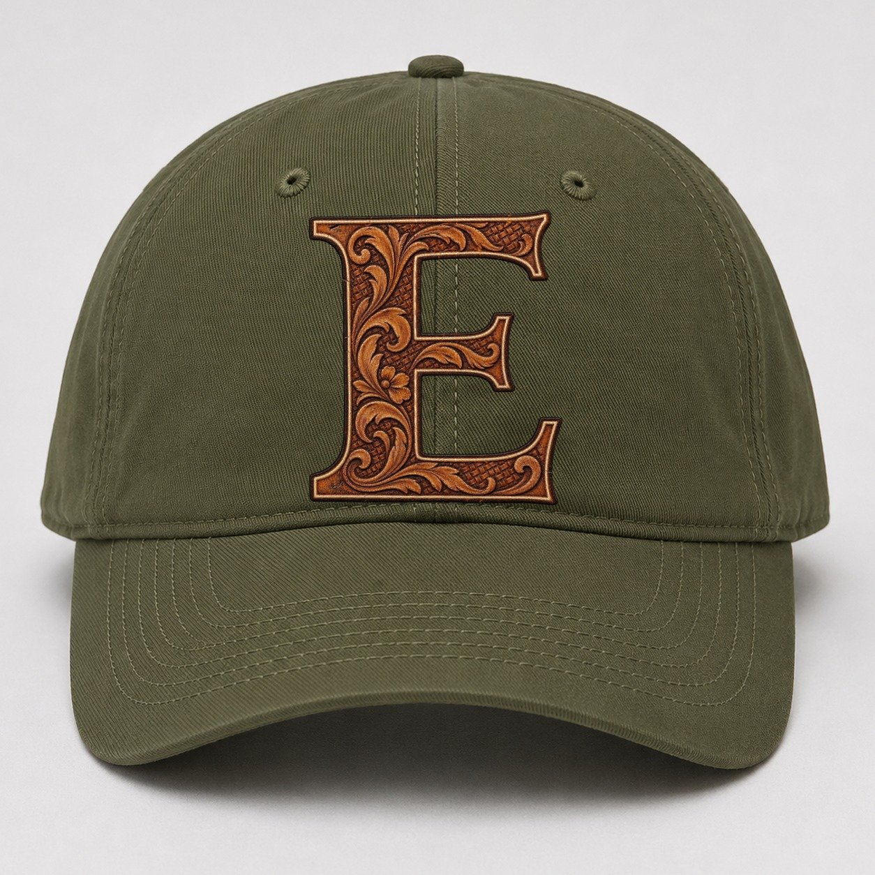 Tooled Leather E Monogram Baseball Cap – Army Green