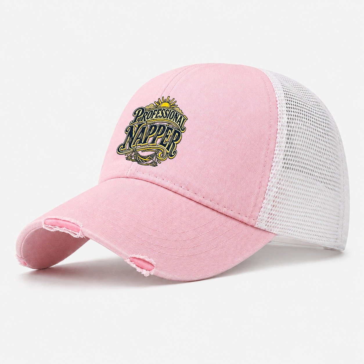 Professional Napper Retired Living Washed Trucker Hat – Light Pink