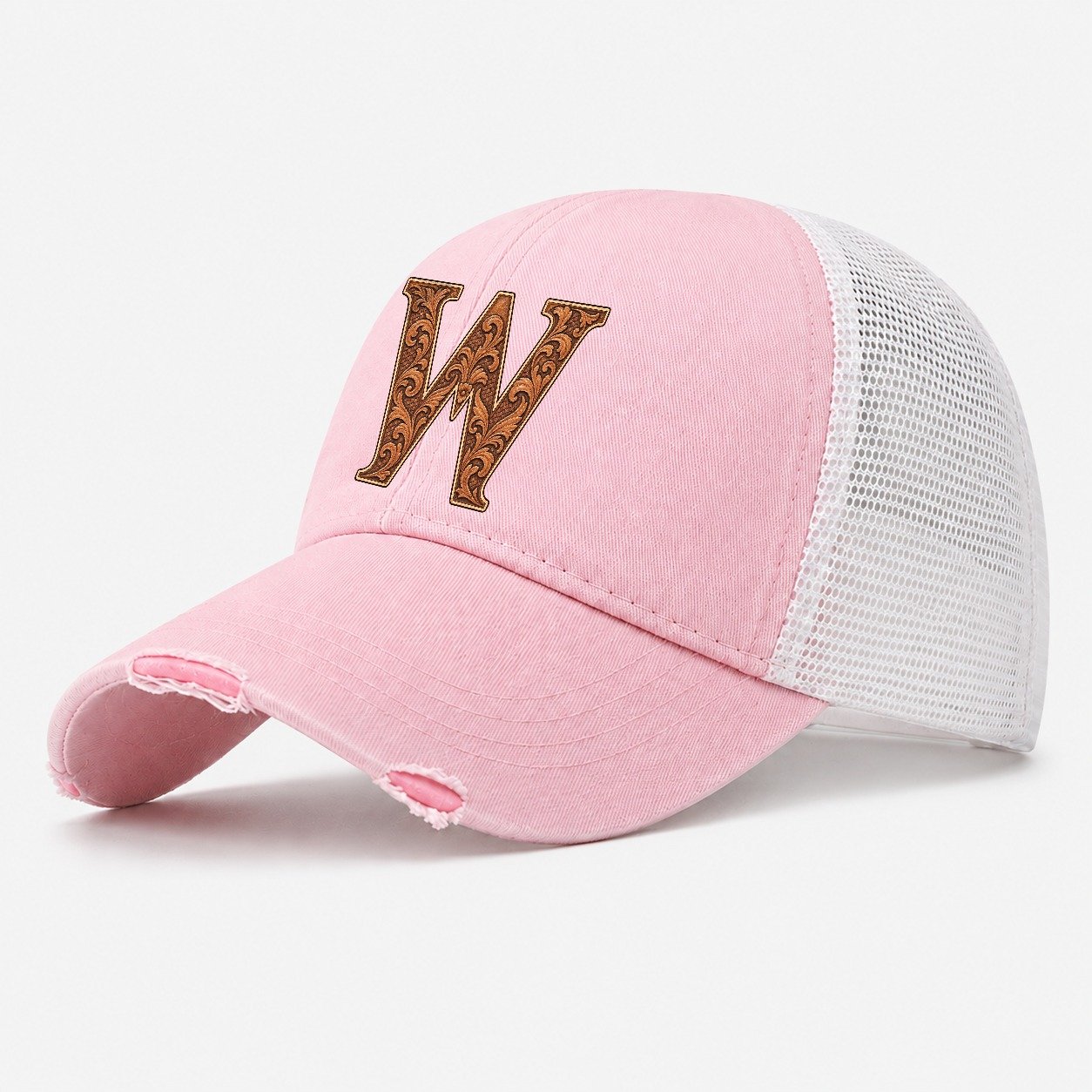 Tooled Leather W Monogram Washed Trucker Hat – Light Pink