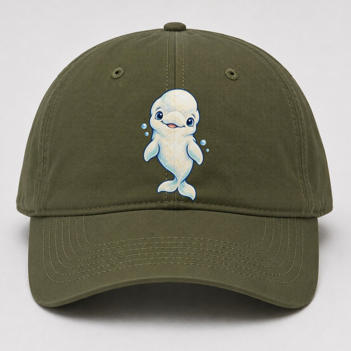 Beluga Whale Front Smile Sea Sprite Baseball Cap – Army Green