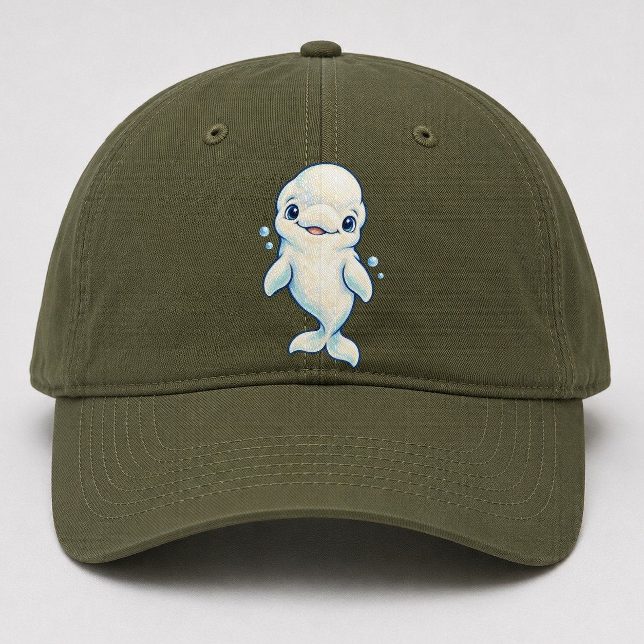 Beluga Whale Front Smile Sea Sprite Baseball Cap – Army Green