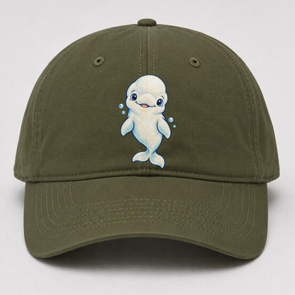 Beluga Whale Front Smile Sea Sprite Baseball Cap – Army Green