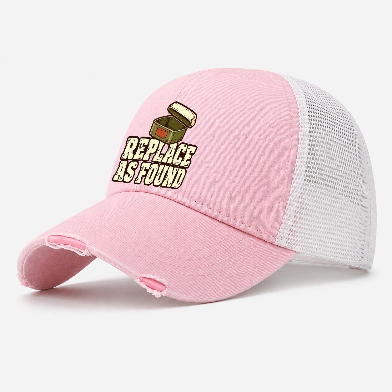 Replace As Found Geocaching Washed Trucker Hat – Light Pink