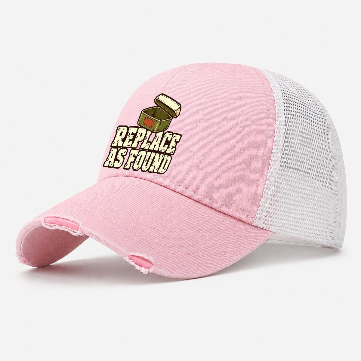 Replace As Found Geocaching Washed Trucker Hat – Light Pink