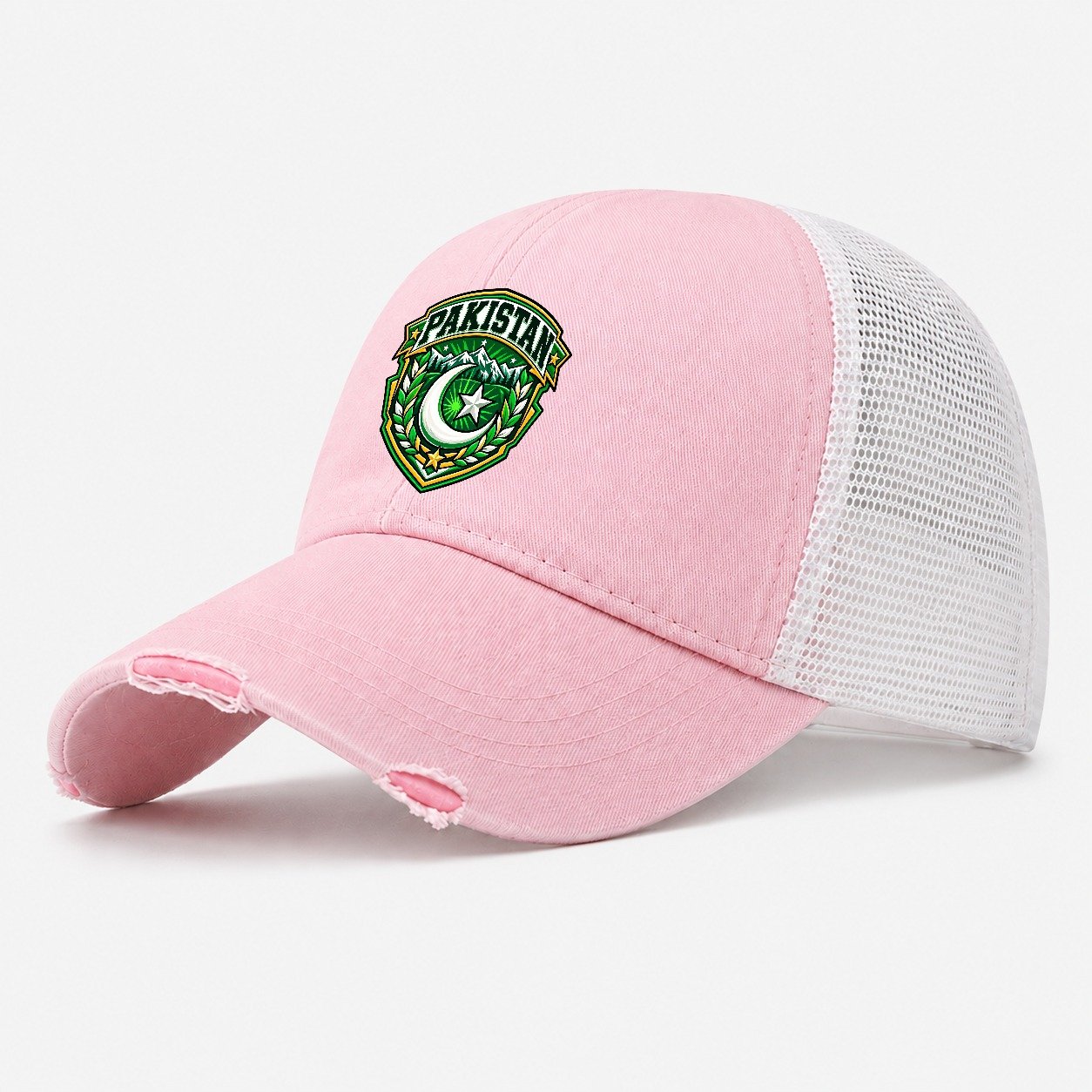 Pakistan Retro Badge Country Logos Washed Trucker Hat – Light Pink
