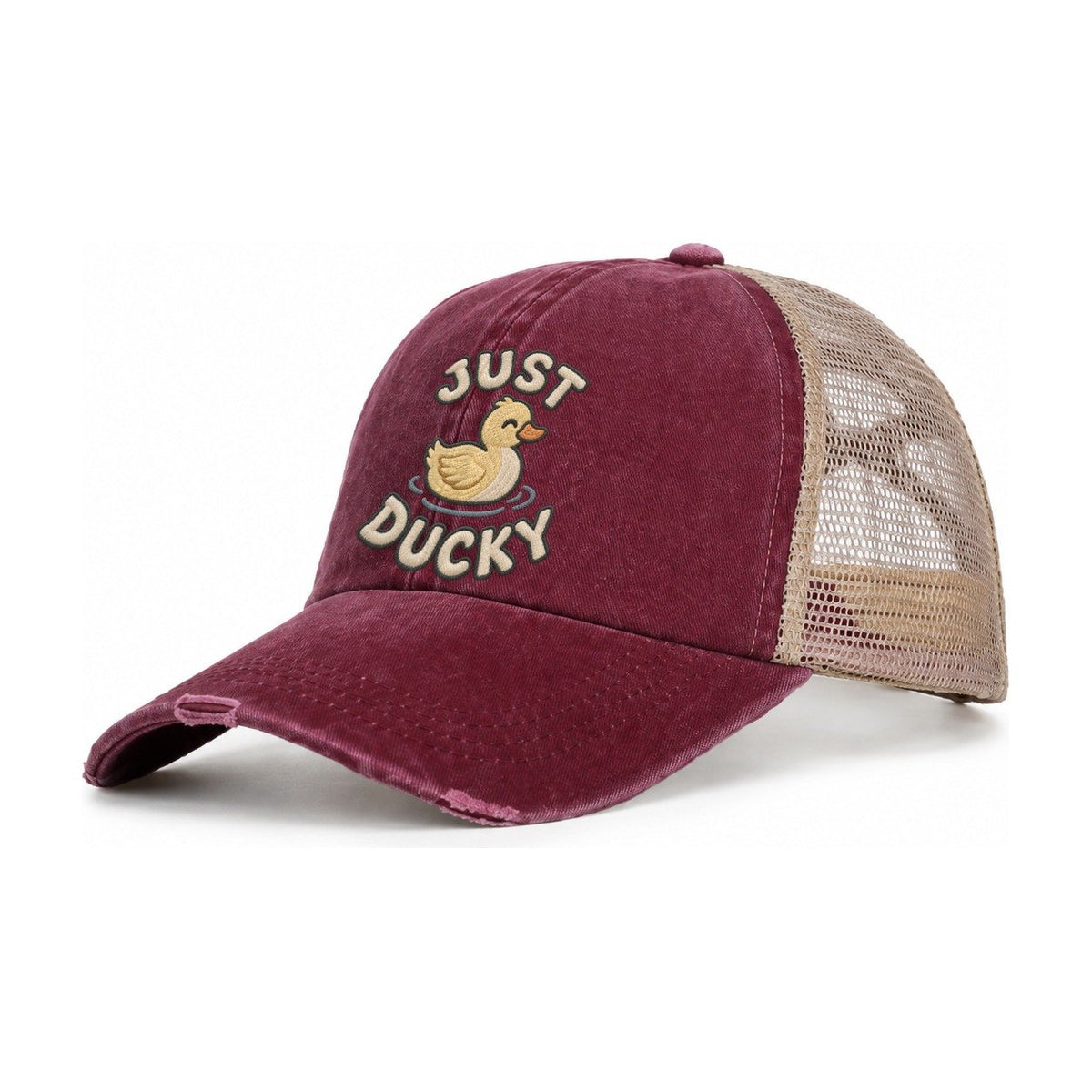 Duck Animal Puns Women's Ponytail Trucker Hat – Burgundy Khaki