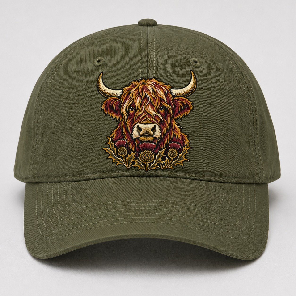 Highland Cow With Thistle Meadow Uk Culture Heritage Baseball Cap – Army Green