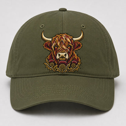 Highland Cow With Thistle Meadow Uk Culture Heritage Baseball Cap – Army Green
