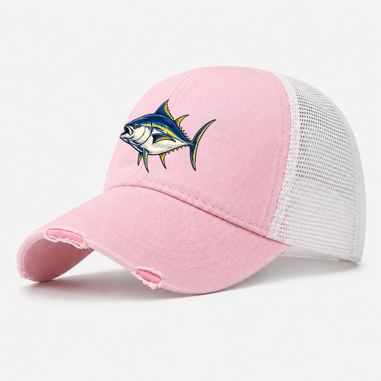 Tuna Silhouette Fishing Elegant Washed Trucker Hat – Light Pink
