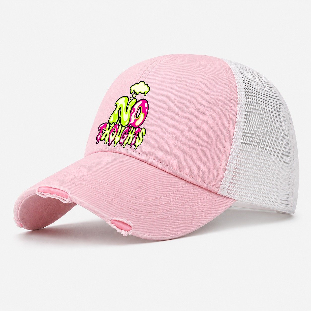 No Thoughts Crazy Styles Washed Trucker Hat – Light Pink