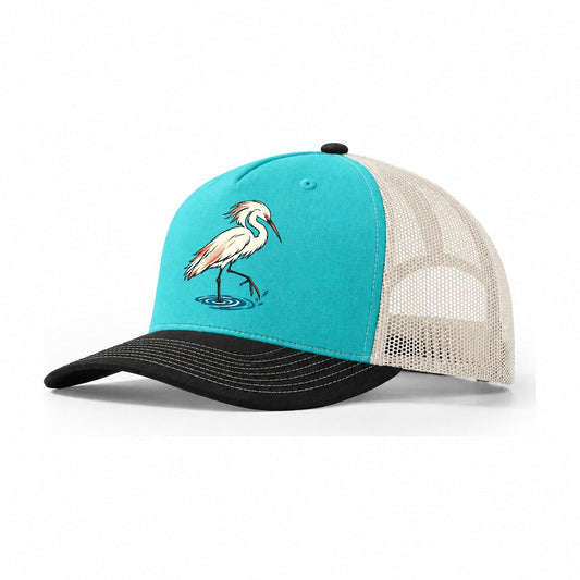 Snowy Egret Step Trucker Hat – Aqua Black White