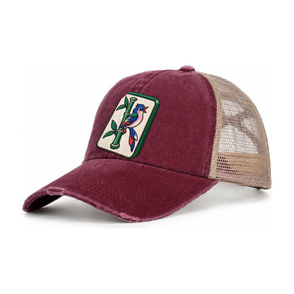 Bamboo Songbird Mahjong Game Night Women's Ponytail Trucker Hat – Burgundy Khaki