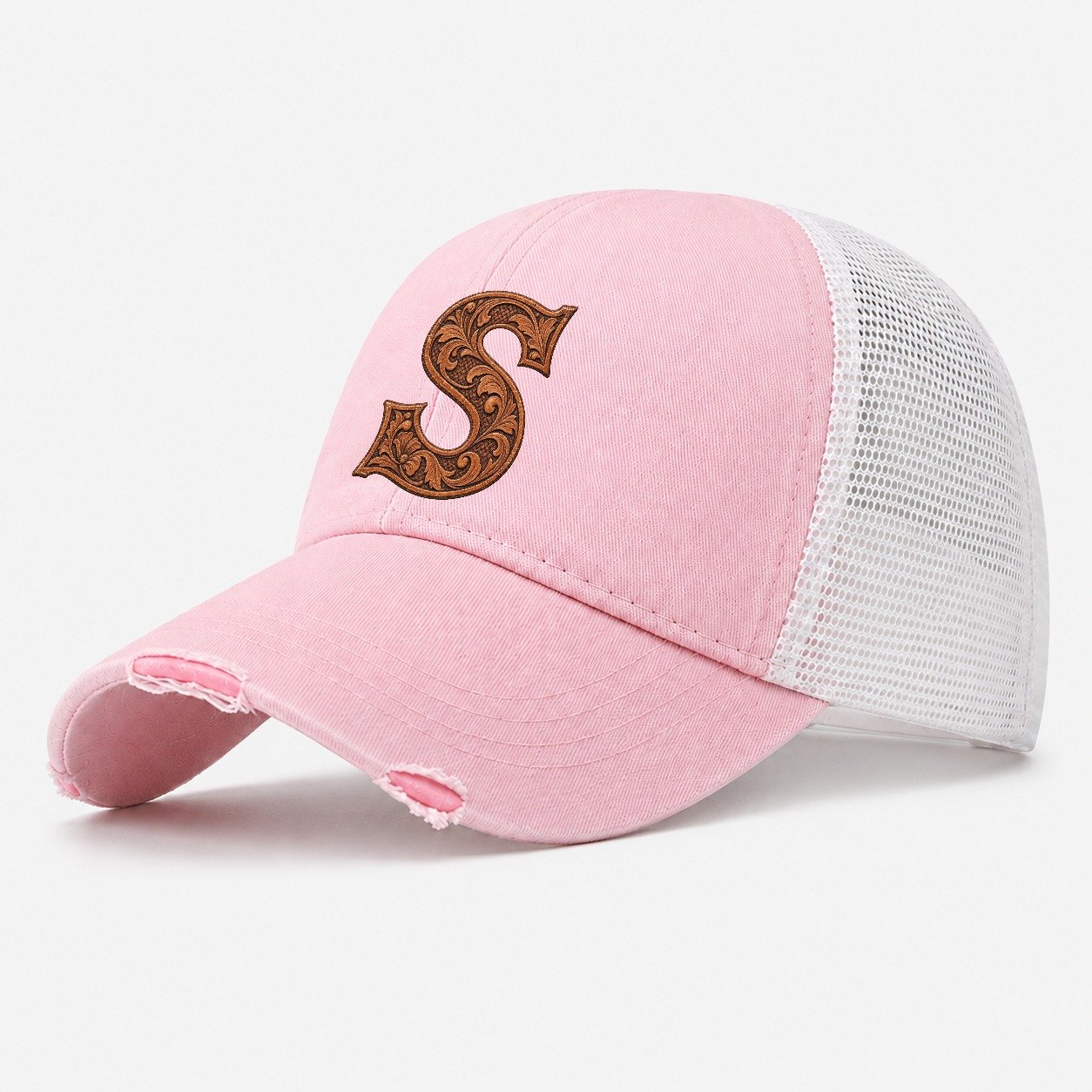 Tooled Leather S Monogram Washed Trucker Hat – Light Pink