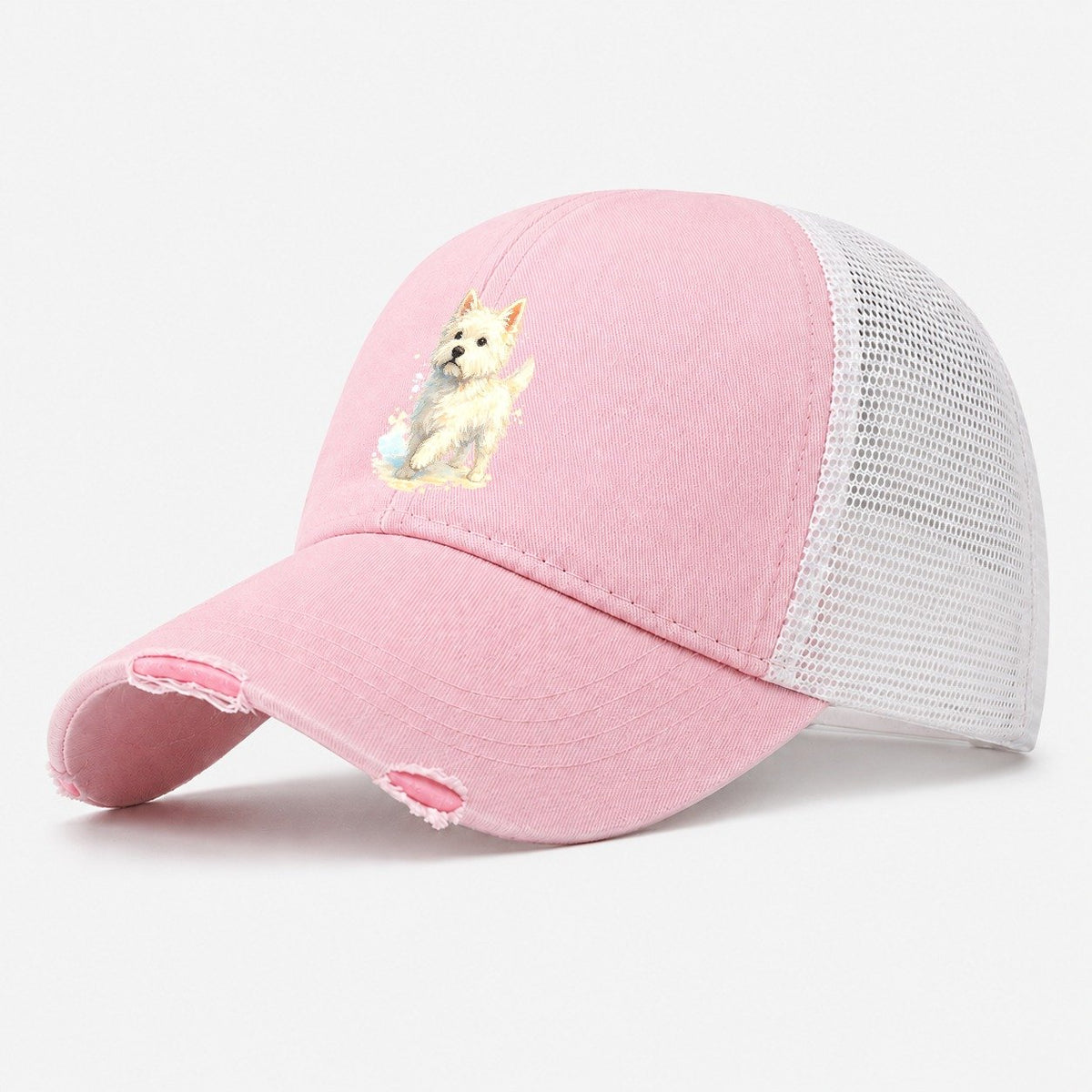 Westie Watercolor Portrait Washed Trucker Hat – Light Pink