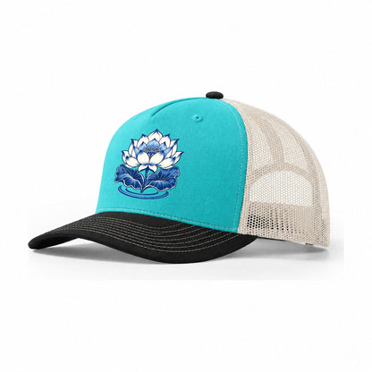Lotus In Blue Quiet Wards Heritage Trucker Hat – Aqua Black White