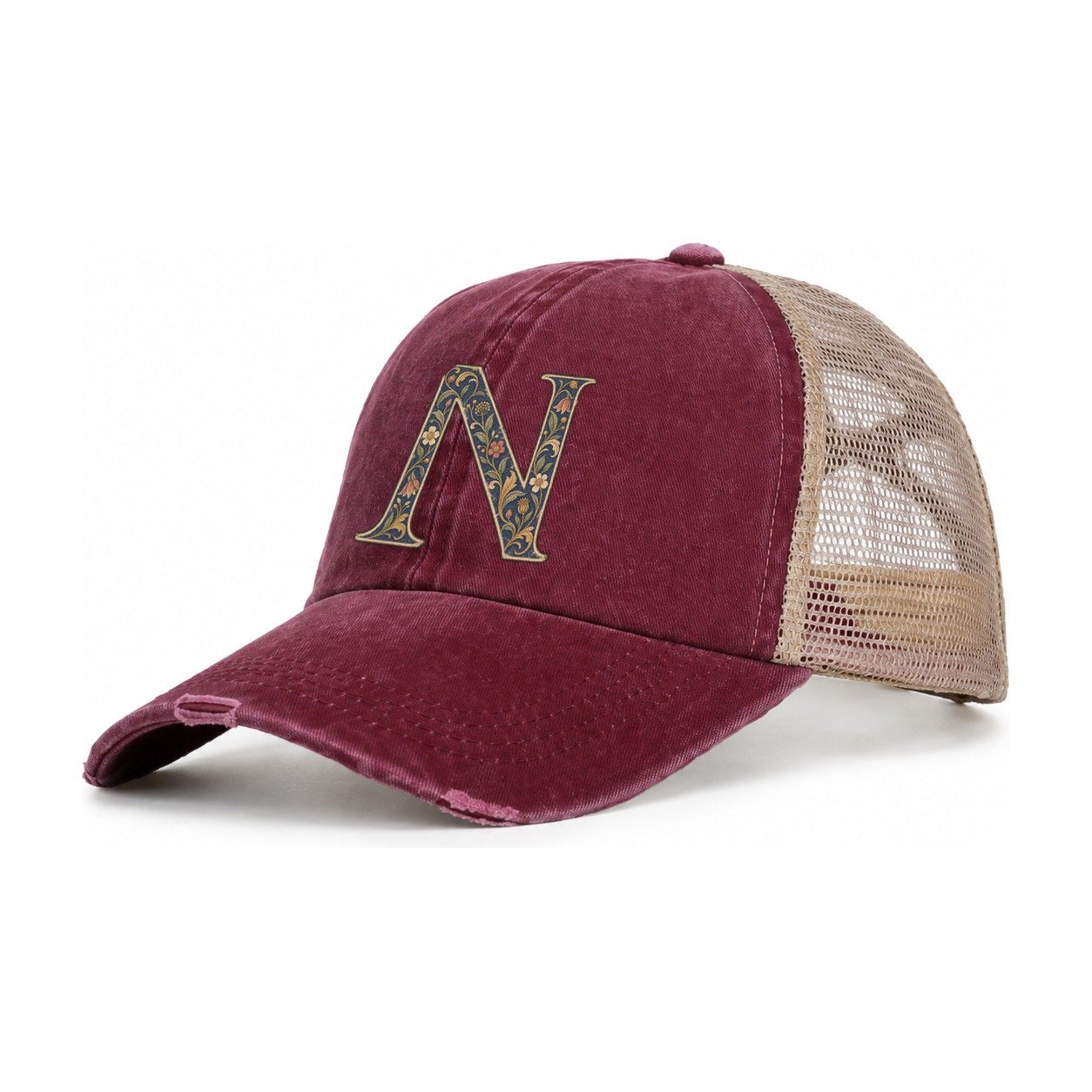 Wildflower N Monogram Women's Ponytail Trucker Hat – Burgundy Khaki