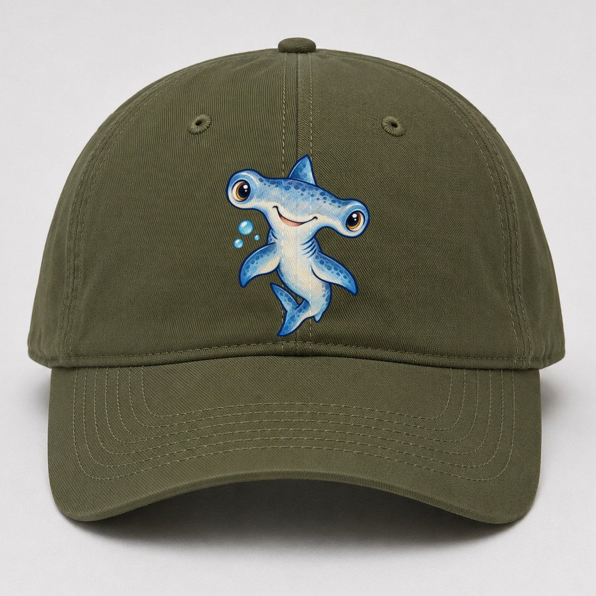 Hammerhead Shark Curious Tilt Sea Sprite Baseball Cap – Army Green
