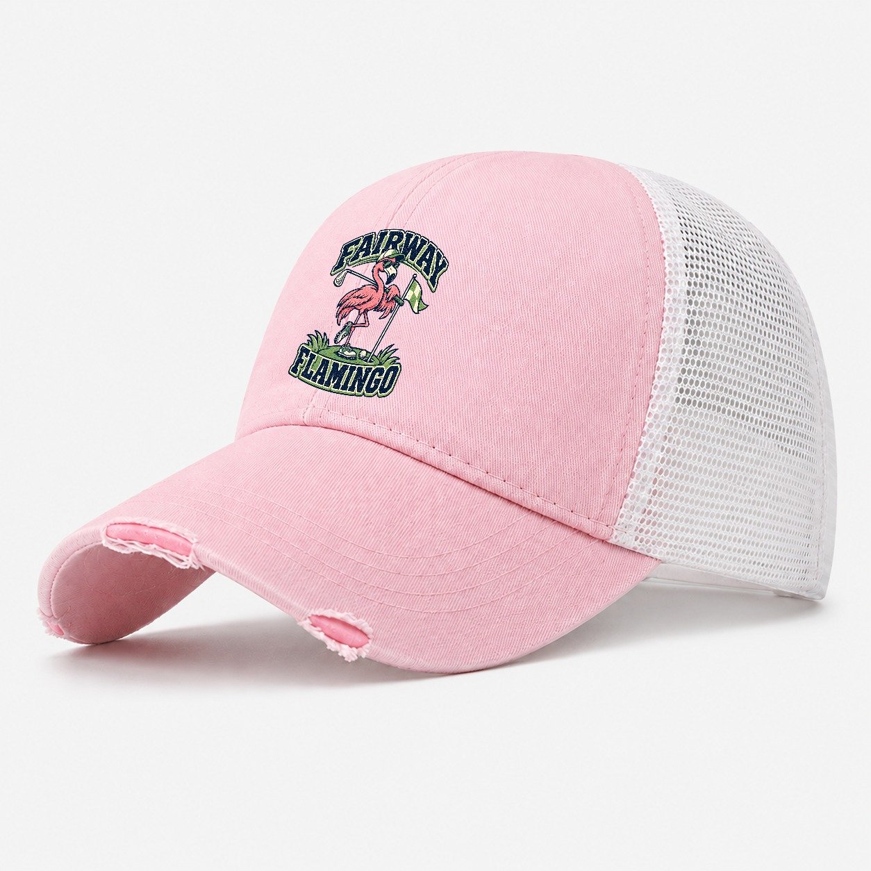 Fairway Flamingo Golf Life Washed Trucker Hat – Light Pink
