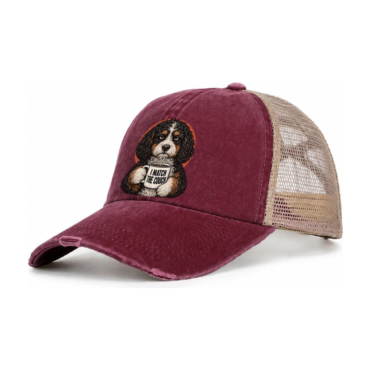 Bernedoodle Mug Truths Dog Mug Truths Women's Ponytail Trucker Hat – Burgundy Khaki