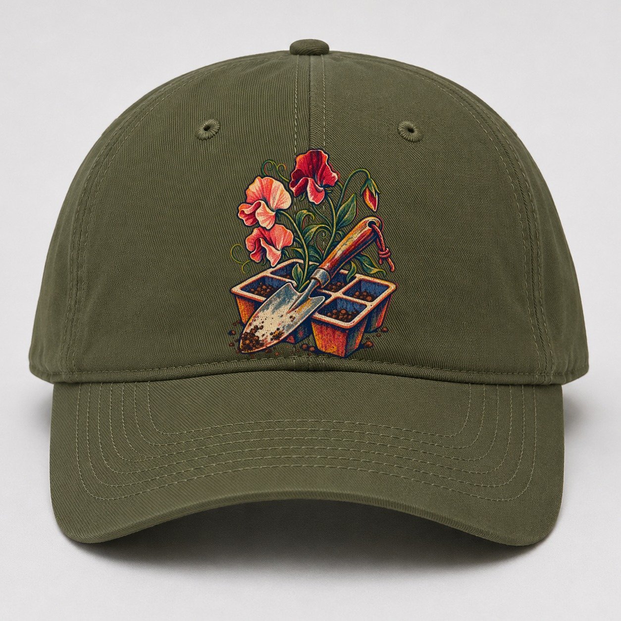 Garden Trowel Seed Tray And Sweet Peas Uk Culture Heritage Baseball Cap – Army Green