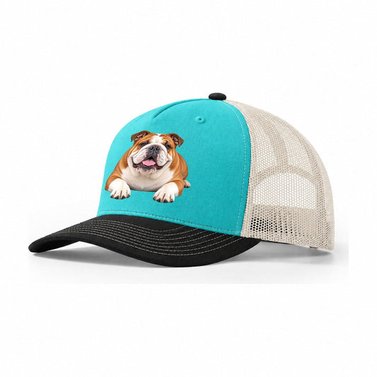 English Bulldog Lying Down Top Breeds Trucker Hat – Aqua Black White