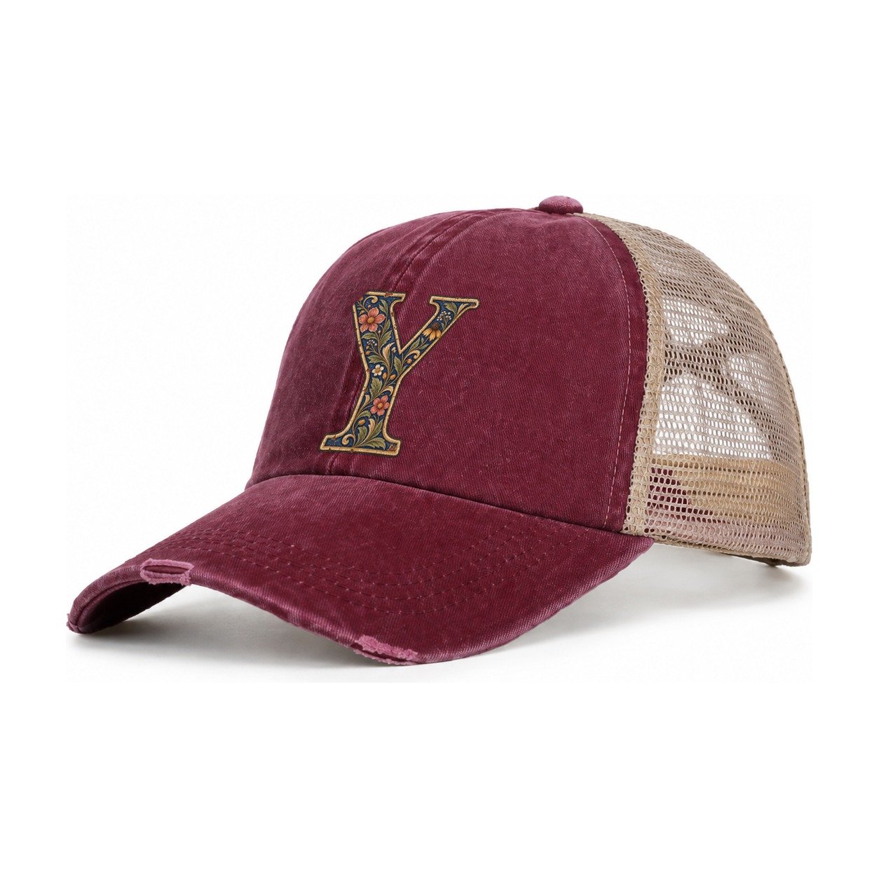 Wildflower Y Monogram Women's Ponytail Trucker Hat – Burgundy Khaki