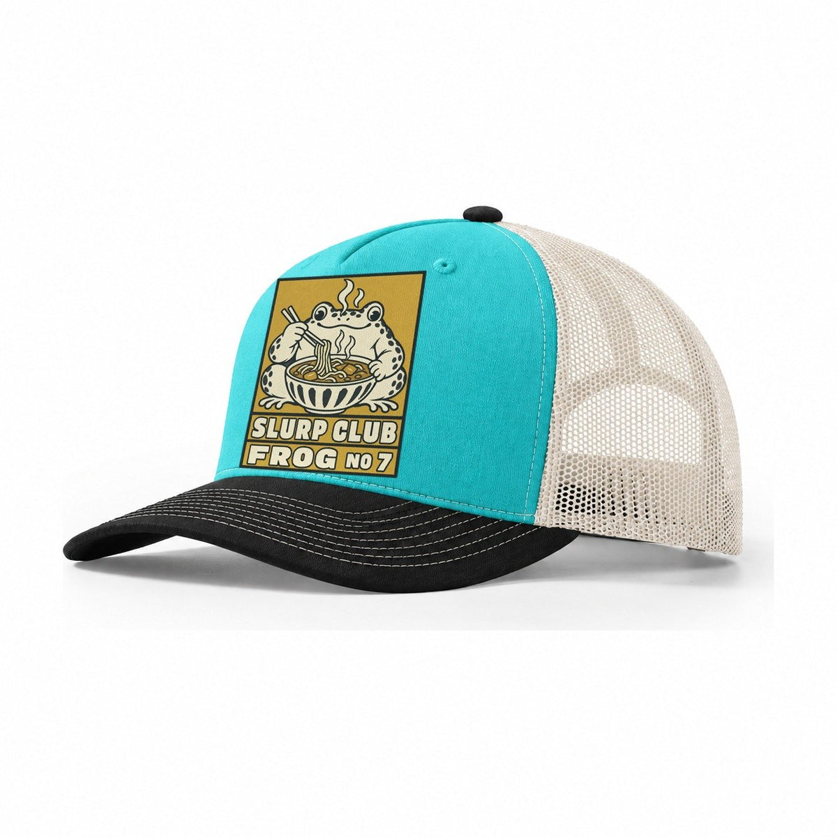Frog Curry Slurp Club Trucker Hat – Aqua Black White