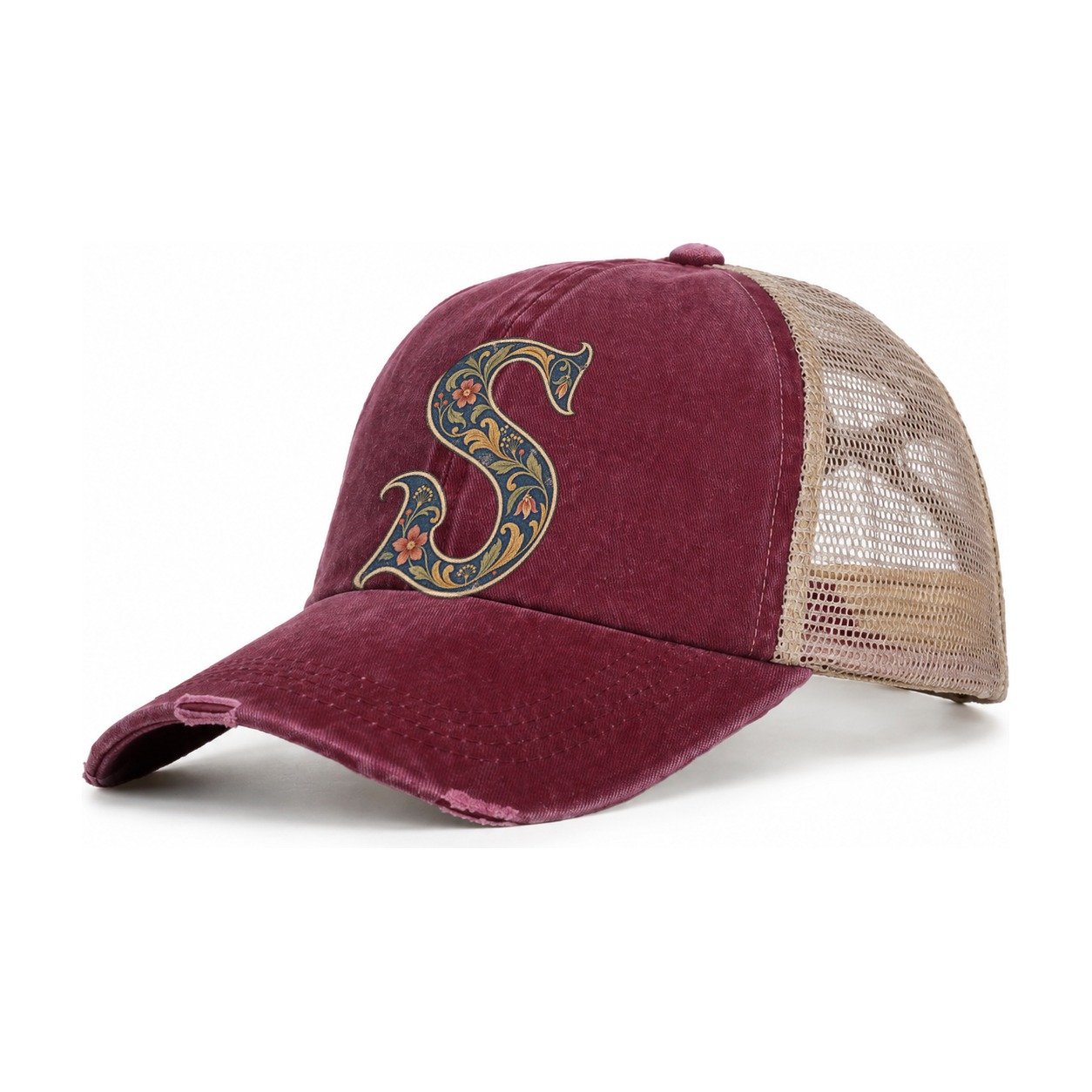 Wildflower S Monogram Women's Ponytail Trucker Hat – Burgundy Khaki