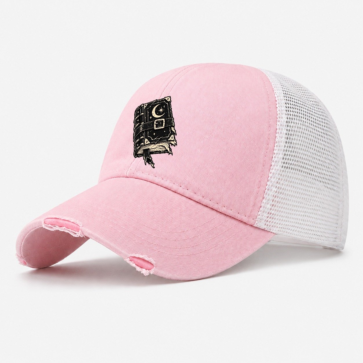 Clasped Spellbook Witch Magic Washed Trucker Hat – Light Pink