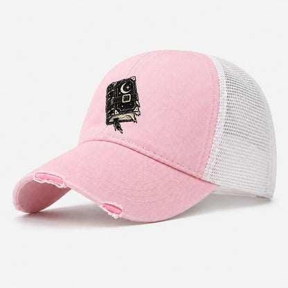 Clasped Spellbook Witch Magic Washed Trucker Hat – Light Pink