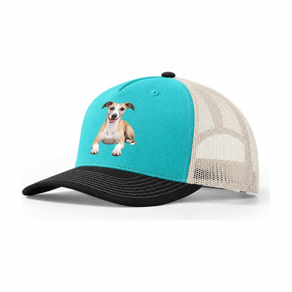 Whippet Lying Down Top Breeds Trucker Hat – Aqua Black White