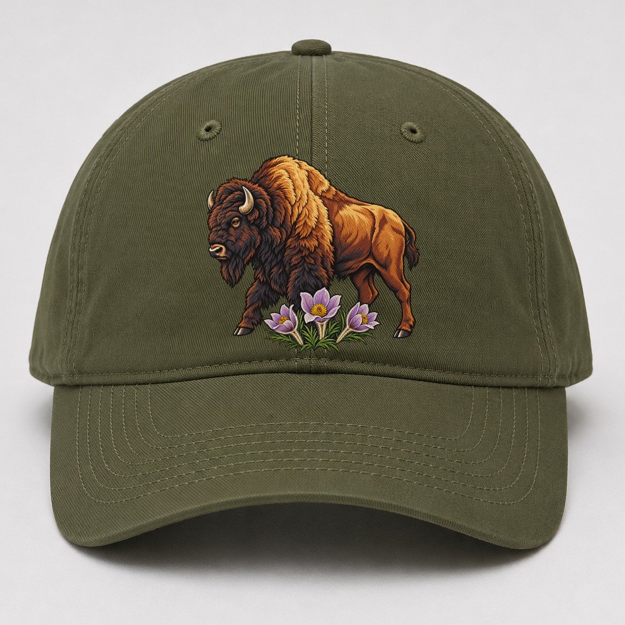 Wood Bison And Prairie Crocus Canada Cultural Icons Baseball Cap – Army Green