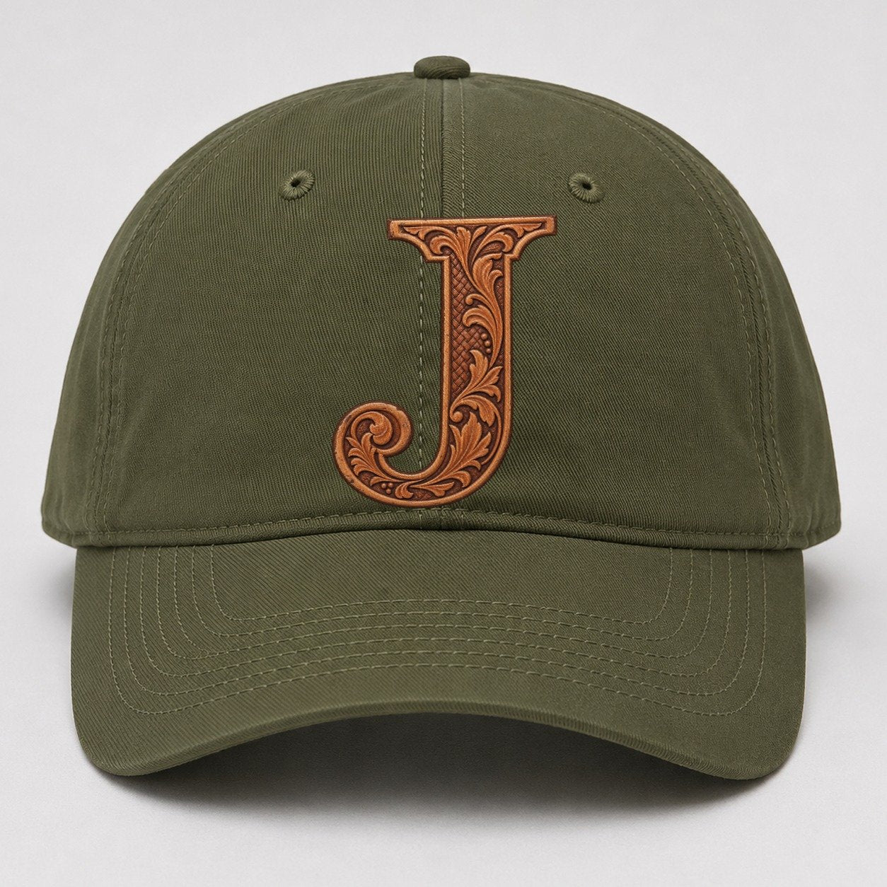 Tooled Leather J Monogram Baseball Cap – Army Green