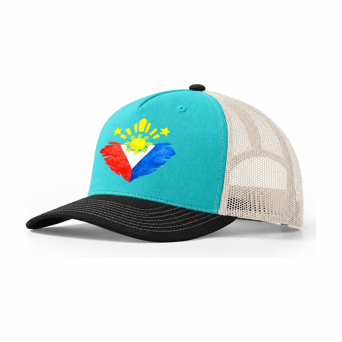 Philippine Flag Heart Sun and Stars Trucker Hat – Aqua Black White