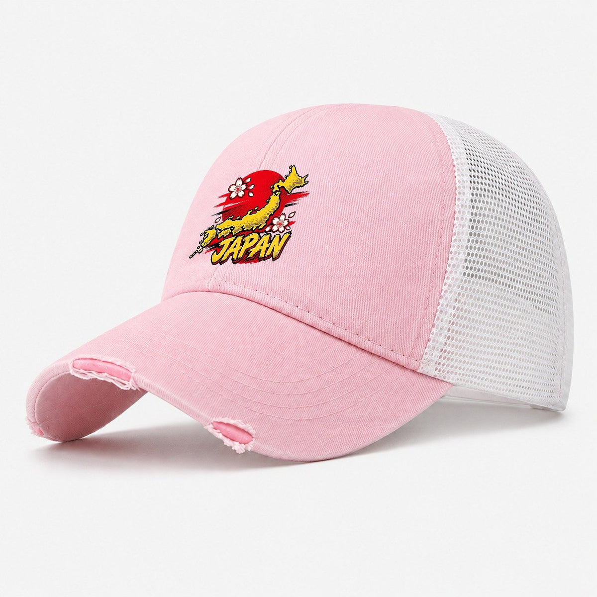 Japan Map Cherry Blossom Sun Washed Trucker Hat – Light Pink
