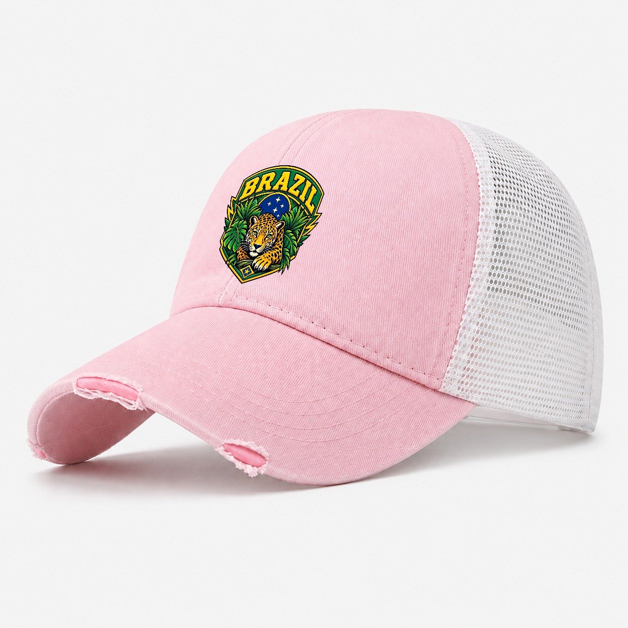 Brazil Retro Badge Country Logos Washed Trucker Hat – Light Pink
