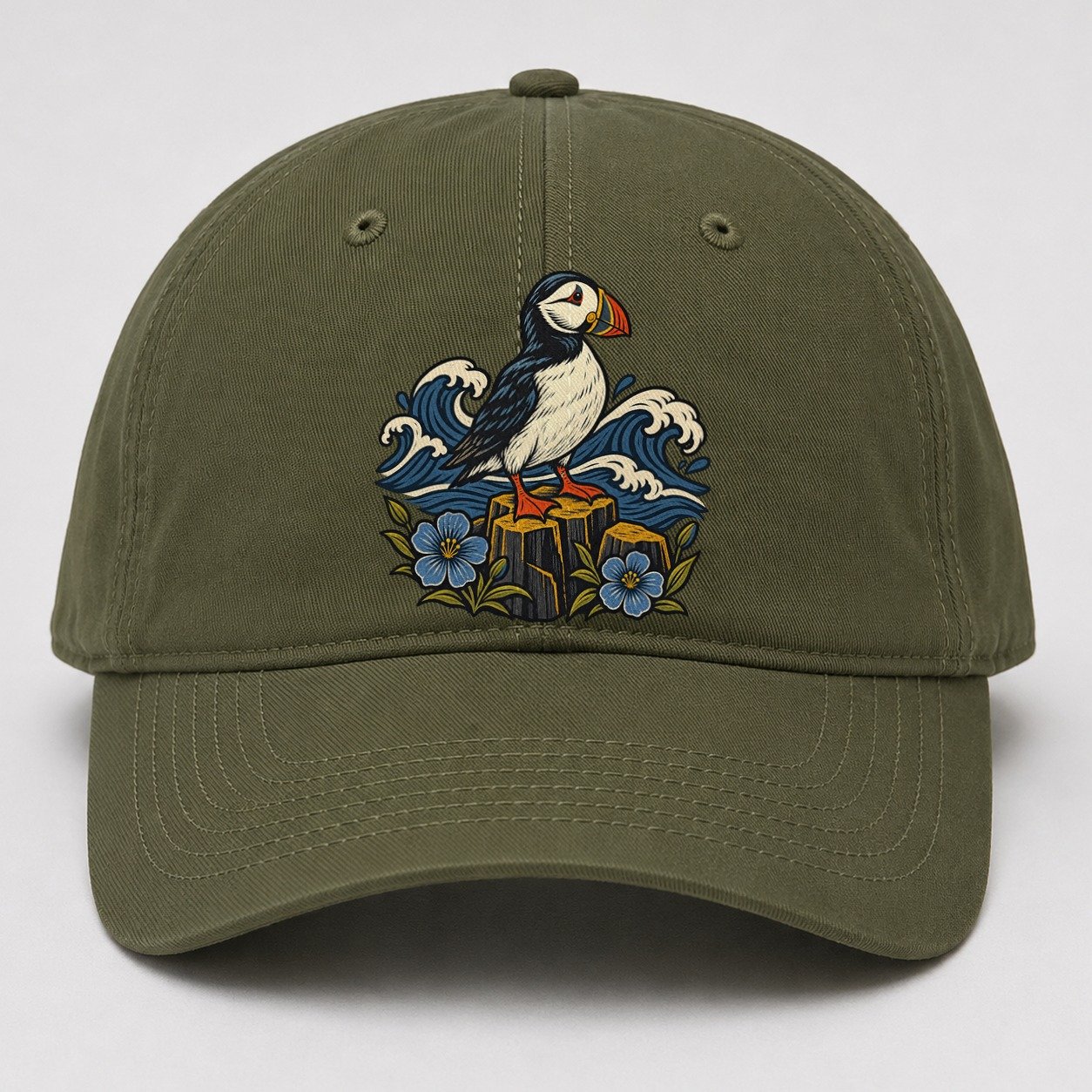 Causeway Coast Puffin And Flax Flowers Uk Culture Heritage Baseball Cap – Army Green
