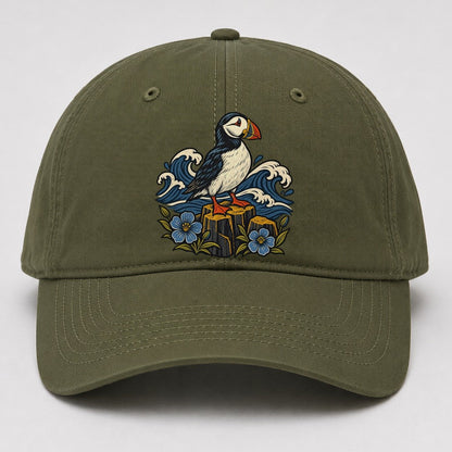 Causeway Coast Puffin And Flax Flowers Uk Culture Heritage Baseball Cap – Army Green
