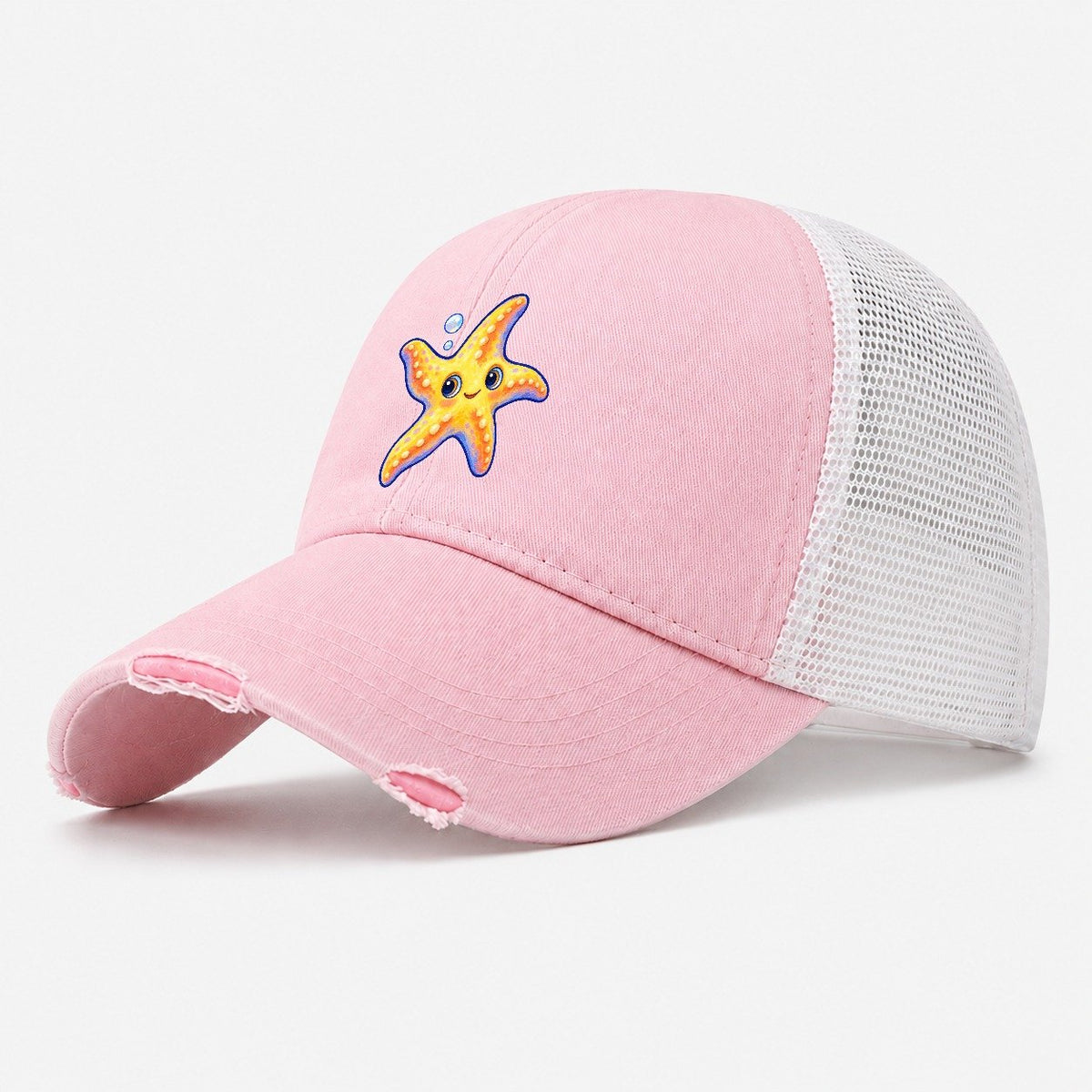 Starfish Side Float Sea Sprite Washed Trucker Hat – Light Pink