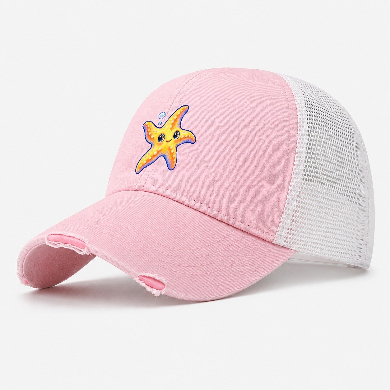 Starfish Side Float Sea Sprite Washed Trucker Hat – Light Pink